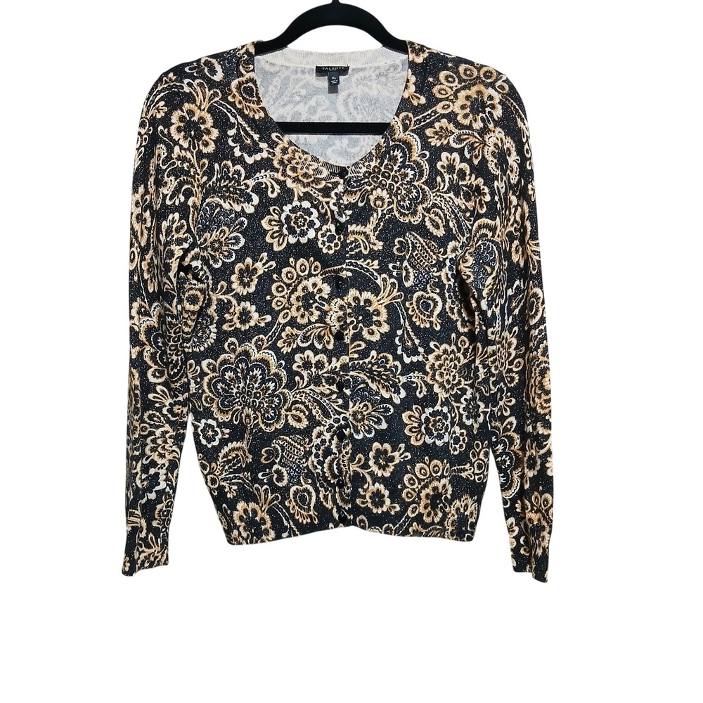 Talbots Floral Cardigan Sweater Button‎ Front Long Sleeve Black Beige MP